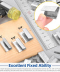 Three sizes of metal buckle seals with serrated steel clips and a ruler for Open Snap-On 5 by 8 Inch Metal Buckle Seals Pack for Strapping and Pallet Banding