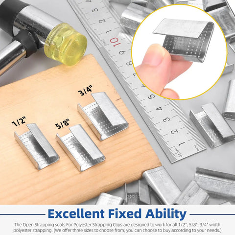 Three sizes of metal buckle seals with serrated steel clips and a ruler for Open Snap-On 5 by 8 Inch Metal Buckle Seals Pack for Strapping and Pallet Banding