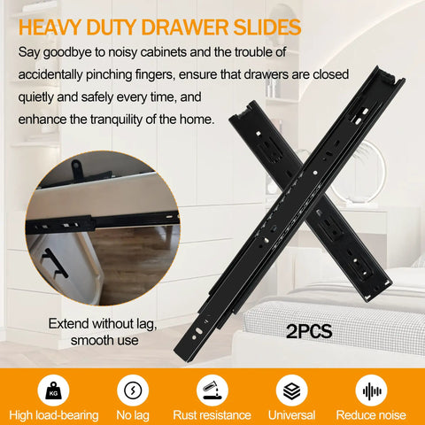 2 Pairs Of Ten Inch Heavy Duty Drawer Slides With 3 Section Full Extension Ball Bearing Side Mount For Dresser Cabinet And Kitchen Soft Close Quiet Glide 100 Lb Capacity, black steel slides