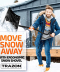 Man using Heavy Duty Snow Shovel With Ergonomic Handle To Beat Back Pain For Driveways Garages And Cars 18 Inch Blade