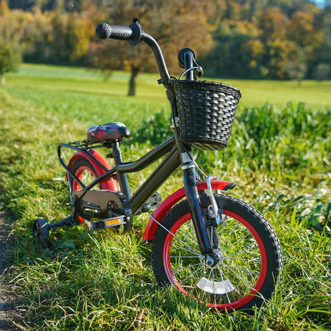 Kids bike with basket on grassy path, highlighting Heavy Duty Bike Inner Tube 16x1.75 To 2.25 Inch With AV32mm Schrader Valve.