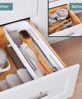 Expandable Sliding Drawer Bin For Kitchens Sets The Bar Inside Deep Drawers, speckled white, organized kitchen tools in drawer.