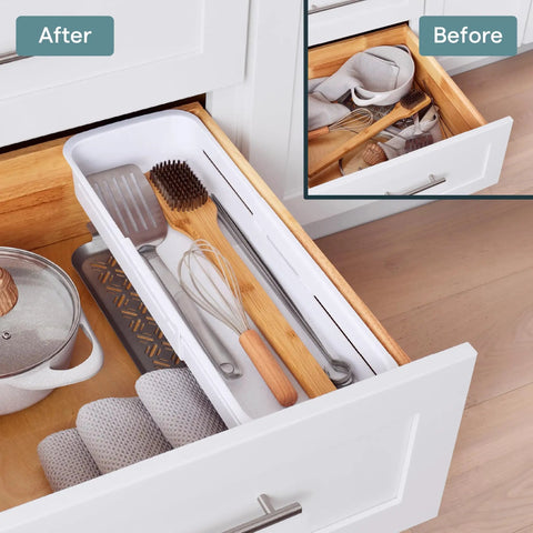 Expandable Sliding Drawer Bin For Kitchens Sets The Bar Inside Deep Drawers, speckled white, organized kitchen tools in drawer.