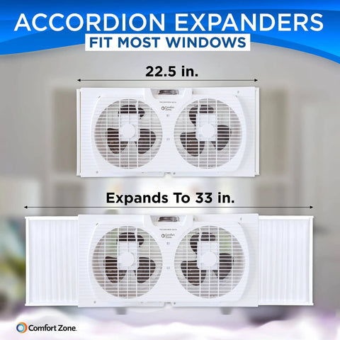 Twin Window Fan With Reversible Airflow And Auto Locking Expanders 9 Inch Dual Speed Operation Exhaust And Fresh Air Circulation