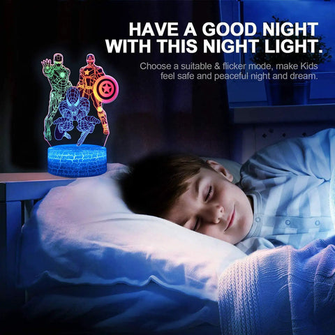 Boy sleeping beside 3D Illusion Night Light For Kids With Touch Control Color Changing LED Lamp Featuring 3 Pattern Modes Safe ABS Base