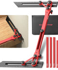 Slick Adjustable Master Woodworking Stair Tread Jig And Heavy Duty Template System With Upgraded Locking Mechanism For Zero Sweat Setup And Straight Shot Accuracy, red aluminum gauge with adjustable arms.