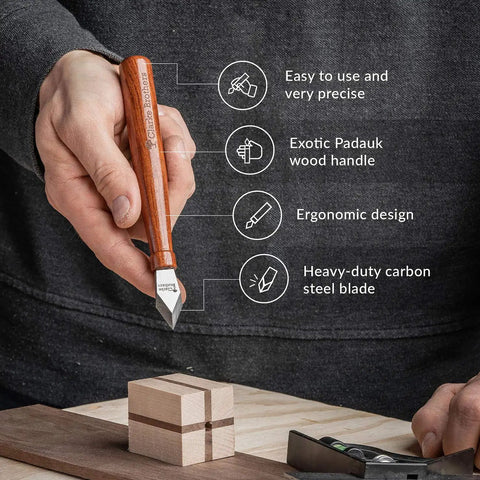 Premium Woodworking Marking Knife With Razor Sharp High Carbon Steel Blade And Durable Wooden Handle for precise cutting on timber.