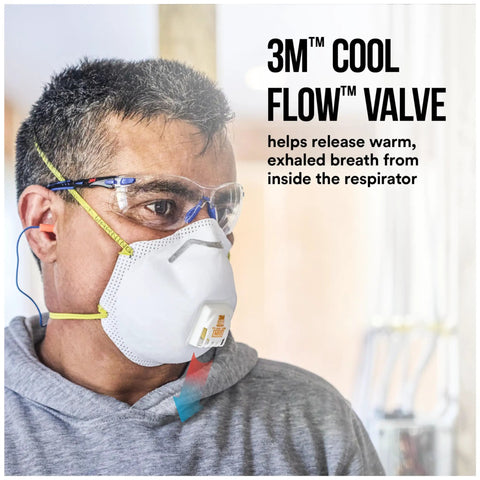 Person wearing All In One N95 Respirator For Sanding Drywall Painting And Woodworking With Exhalation Valve Directing Air Downward