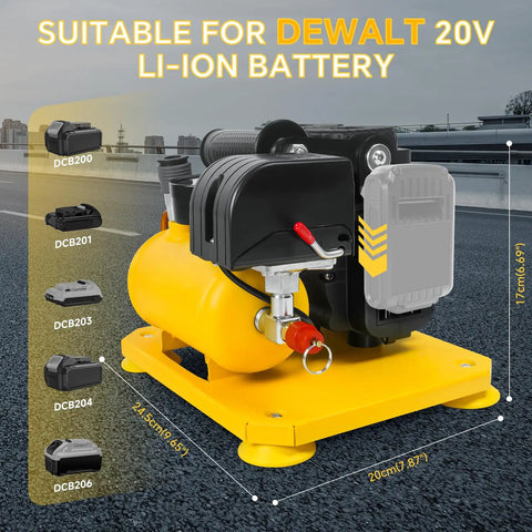 Ultra Quiet Cordless Air Compressor Compatible With DeWalt 20V Battery. Portable Oil-Free Electric Pump, 0.26 Gallon Tank, Only 65 Db Noise Level. Super Easy To Use For Tires And Sports Gear Fast Inflation Job Done Right