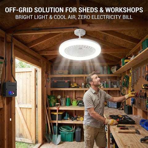 Badass Solar Ceiling Fan With Bright Led Light Pull String Switch Three Speed Modes IP65 Weather Proof Setup Designed For Shed Barn Gazebo Patio Or Coop To Keep Your Backyard Chill Spot Sweet And Breezy Every Day in a shed with tools.