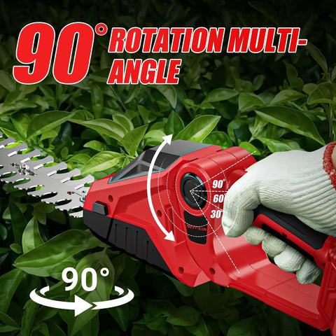 Cordless Hedge Trimmer 2 In 1 Bush Cutter With Grass Shears Electric Trimmer 2200 RPM Garden Tool Battery Not Included showcasing 90-degree rotation feature.