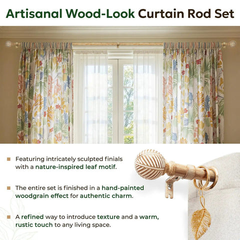 Wood Curtain Rod 1 Inch Rugged Heavy Duty Drapery Rod With Imitation Wood Grain Leaf Pattern Finials Adjustable 32 To 120 Inches