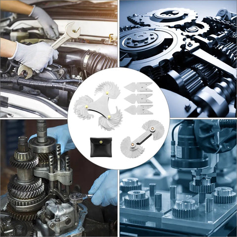 Must-Have 5 Piece Thread Pitch Gauge Tool Set In Stainless Steel With SAE And Metric Markings shown with car and gear components.