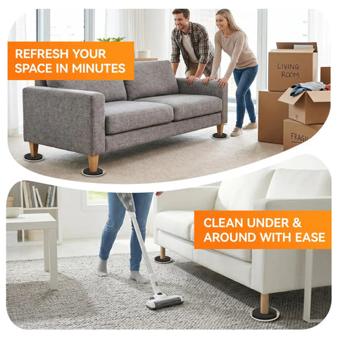 Heavy Duty Furniture Sliders Reusable Plastic Floor Protectors For Carpet Hardwood Chair Leg Glides under gray sofa on carpet.