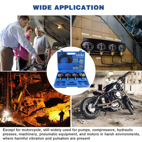 Motorcycle Fuel Vacuum Carburetor Synchronizer Gauge Kit With 4 Precision Gauges And Individual Damping And Calibration Controls On A Heavy Metal Bench Base For Easy Bike Carb Sync in blue case, wide application