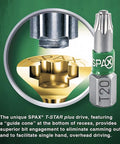 SPAX T-STAR plus drive bit detail showcasing guide cone for improved engagement in Heavy Duty Workhorse Number 8 X 1-1/4 Inch Flat Head Wood Screws.