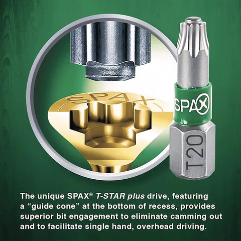 SPAX T-STAR plus drive bit detail showcasing guide cone for improved engagement in Heavy Duty Workhorse Number 8 X 1-1/4 Inch Flat Head Wood Screws.
