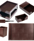 Dark Brown Bonded Leather 8 Piece Desk Accessory Set For Office Organization And Executive Decor With Scratch Resistant Velveteen Backed Blotter And Premium Leather Tray For That Boss Vibe displayed with desk organizer and tray