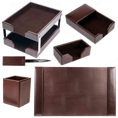 Dark Brown Bonded Leather 8 Piece Desk Accessory Set For Office Organization And Executive Decor With Scratch Resistant Velveteen Backed Blotter And Premium Leather Tray For That Boss Vibe displayed with desk organizer and tray