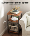 Three Tier End Table With Storage Shelf And Adjustable Feet For Bedroom, Living Room Or Office, beside sofa with decor.