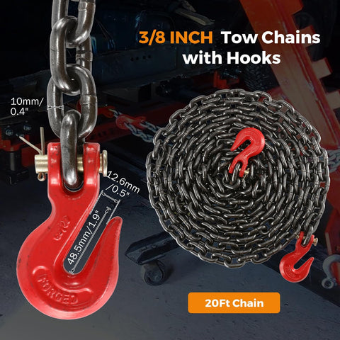 Three Eighth Inch Twenty Foot Tow Chain With Grab Hooks Grade 80 Heavy Duty Safety Chain For Trucks Cars And Trailers 7100 Lb Working Load Log Chain For Towing Recovery And Binder Recovery
