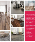 Premium Peel And Stick Luxury Vinyl Flooring Tiles With BaseCore in living spaces and kitchens, showcasing grey wood look and texture