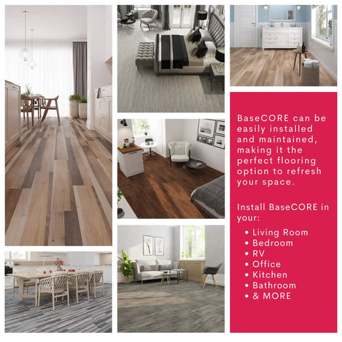 Premium Peel And Stick Luxury Vinyl Flooring Tiles With BaseCore in living spaces and kitchens, showcasing grey wood look and texture