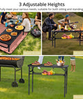 Tri Fold Aluminum Camping Table With Storage Net in use, shown at 3 adjustable heights, 27.5 inch, 35x16 inch surface, outdoors