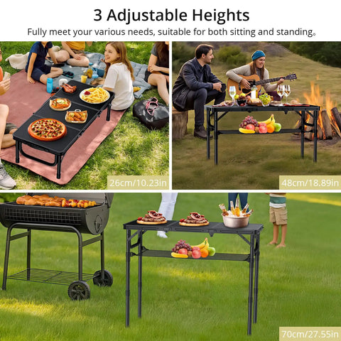 Tri Fold Aluminum Camping Table With Storage Net in use, shown at 3 adjustable heights, 27.5 inch, 35x16 inch surface, outdoors