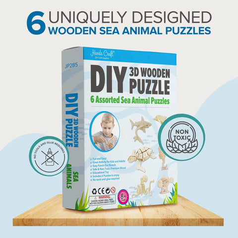 Six Piece DIY 3D Wooden Sea Animal Puzzle Bundle box with no-glue, non-toxic 8+ puzzle pieces