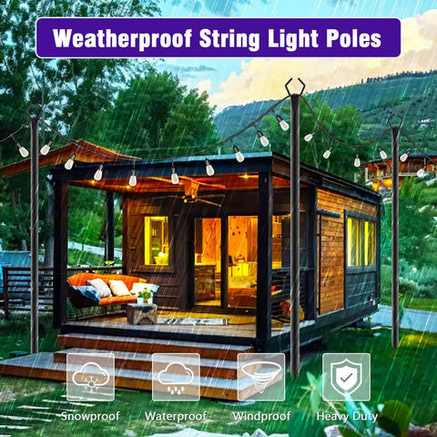 4 Pack 10Ft Outdoor String Light Poles With Forked Stands Heavy Duty Metal Poles around a cabin with lights in the rain
