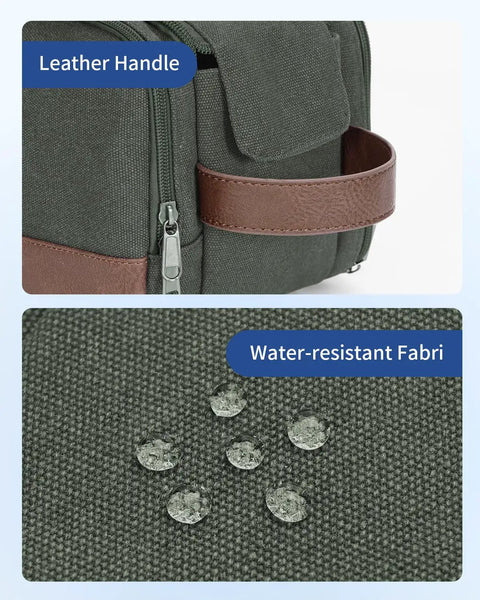 Close-up of Mens Travel Toiletry Organizer Bag With Canvas And Leather Dopp Kit showing handle and water-resistant fabric
