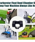 Collage of lawnmowers and snowblowers with a central carburetor float bowl chamber kit