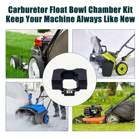 Collage of lawnmowers and snowblowers with a central carburetor float bowl chamber kit