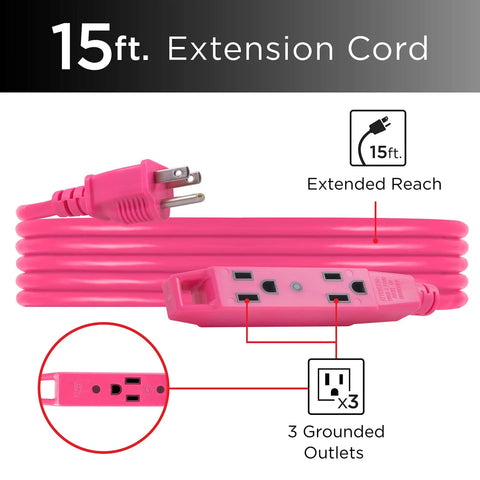 Heavy Duty 15 Foot Extension Cord With Three Outlets, Grounded And Double Insulated 16 Gauge, UL Listed, Hot Pink, coiled view