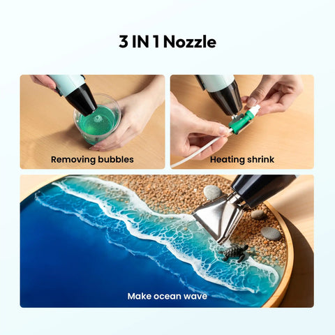 Dual Temp 350W Heat Gun For Resin And DIY Crafting with 3 nozzles used for bubble removal, vinyl shrink wrap, and epoxy resin art.