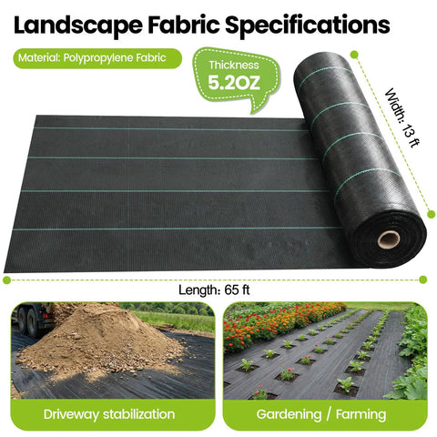 Heavy Duty 13x65ft Driveway Fabric 5.2oz Commercial Weed Barrier Landscape Geotextile for Garden, Road, and Erosion Control product image