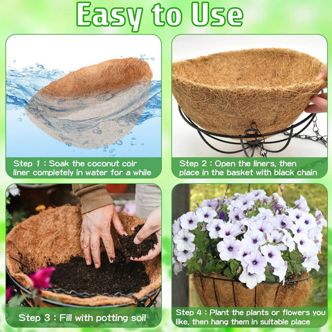 2 Pack 14 Inch Hanging Baskets For Plants Outdoor With Coco Liner, metal wire planters with step-by-step use instructions shown.