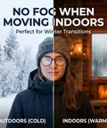 Anti-Fog Lens Wipes; split-screen outdoors cold and indoors warm scenes for glasses and goggles
