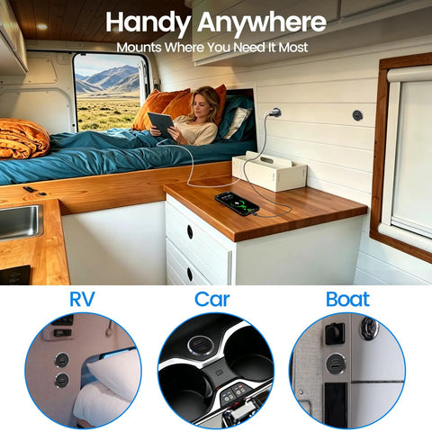 Top Shelf Aluminum 12V USB Outlet And Dual Port Fast Charging Car Charger Built For Tough Daily Rigs With Superior Heat Cooling in RV interior.