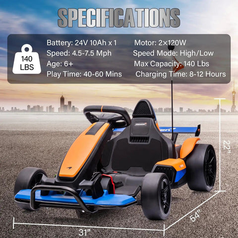 Front view of Licensed McLaren Electric Go Kart for Kids with Drift Pedal, showing detailed specifications and dimensions.