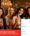 Group of women at a party with smart device showing Alexa control, Smart Edison Style LED Bulbs 4 Pack ambiance.