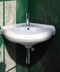 22 Inch Corner Wall Mounted Bathroom Sink White With Overflow No Hardware Model 87333 in green bathroom corner
