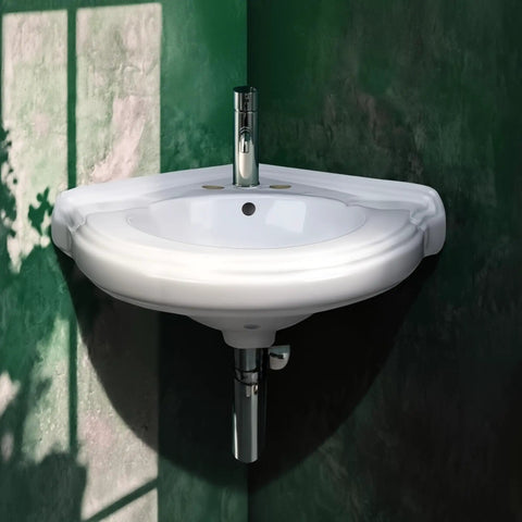 22 Inch Corner Wall Mounted Bathroom Sink White With Overflow No Hardware Model 87333 in green bathroom corner