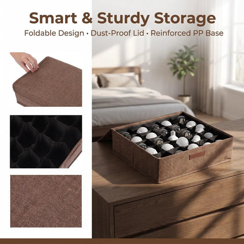 Foldable Dustproof Bulb Storage Box With Dividers For Christmas Lights And Ornaments Sturdy PP Base Space Saving All In One Organizer For Craft Supplies And Office Storage, brown 30-divider box