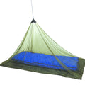 No See Um Mosquito Netting Large For Sleeping Bags And Cots, Durable Polyethylene Shelter That Blocks Tiny Mosquitoes, Top Ring For Easy Hanging From Branches, Keeps You Bite Free While Camping covering a blue sleeping bag
