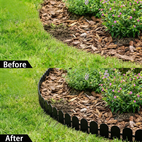 Before and after of 49Ft Arch Garden Edging Border for Flower Beds and Lawns, 5.5 inch tall, durable PE, with anchoring spikes.