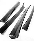 Autoclave Pressed Real Dry Carbon Fiber Door Panel Overlays Fits Tesla Model 3 Highland And Model Y Slick Matte 4 Piece Trim Kit on white background.