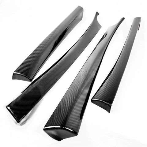Autoclave Pressed Real Dry Carbon Fiber Door Panel Overlays Fits Tesla Model 3 Highland And Model Y Slick Matte 4 Piece Trim Kit on white background.