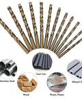 115 Piece Cobalt Drill Bits Set With High Speed Steel 135 Degree Point for Metal, Plastic, Wood, displayed with material examples